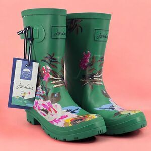 New Joules Rain Boots Mid Calf Molly Welly Green Flowers Size US: 6 UK: 4‎